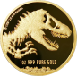 Preview: Unze Goldmünze Niue 2021 Jurassic World™, Vorderseite mit Porträt von Königin Elizabeth II., Rückseite mit detailreichem T-Rex-Skelett, Proof-Qualität, weltweit auf 100 Stück limitiert.