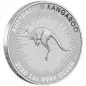 Preview: „1 Unze Silbermünze Australien 2026 Känguru, geprägt von der Perth Mint, Vorderseite mit Porträt von König Charles III., Rückseite zeigt detailreich ein springendes Känguru mit radialem Linienhintergrund.“