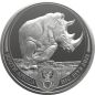 Preview: 1 Unze Silbermünze Südafrika 2025 Big Five III Nashorn, Vorderseite mit detailliertem Nashorn-Porträt, Rückseite zeigt zwei Nashörner, die zusammen ein Gesamtbild ergeben, geprägt von der South African Mint, einzeln gekapselt.