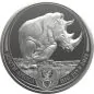 Preview: 1 Unze Silbermünze Südafrika 2025 Big Five III Nashorn, Vorderseite mit detailliertem Nashorn-Porträt, Rückseite zeigt zwei Nashörner, die zusammen ein Gesamtbild ergeben, geprägt von der South African Mint, einzeln gekapselt.