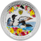 Preview: 1 oz Silbermünze Niue 2026 in Polierter Platte, romantisches Motiv mit zwei Great Northern Divers, verziert mit farbigen Ornamenten und einem eingesetzten Zirkonia-Stein. Verpackt im hochwertigen Etui mit farbigem Umkarton.