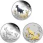 Preview: Trio Set mit drei 1 Unze Silbermünzen Australien 2027 „Jahr der Ziege“ der Perth Mint aus der Lunar Serie III. Die drei Münzen zeigen jeweils drei Ziegen unter einem Pflaumenblütenbaum und sind unterschiedlich ausgeführt: Polierte Platte, farbige Gestaltu