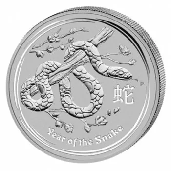Australische 10 Unzen Silbermünze aus dem Jahr 2013 aus der Lunar Serie II. Die Motivseite zeigt eine Schlange, die sich um einen Ast windet, sowie das chinesische Schriftzeichen für Schlange und die Bezeichnung Year of the Snake. Die Vorderseite zeigt da