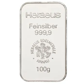 100 Gramm Silberbarren Heraeus – Neuware, geprägt im Blister, LBMA-zertifiziert