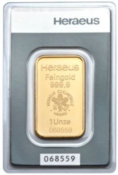 Unser Ankaufspreis für 1 Unze Goldbarren Heraeus, Umicore und C. HAFNER in Blister mit Seriennummer