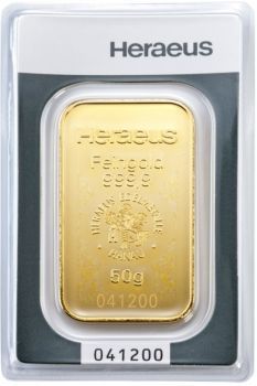 Unser Ankaufspreis für 50 Gramm Goldbarren Heraeus, Umicore und C. HAFNER in Blister mit Seriennummer