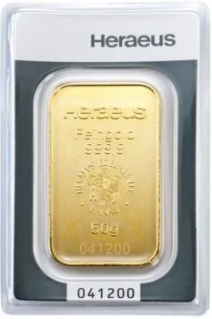 Unser Ankaufspreis für 50 Gramm Goldbarren Heraeus, Umicore, Valcambi und C. HAFNER in Blister mit Seriennummer
