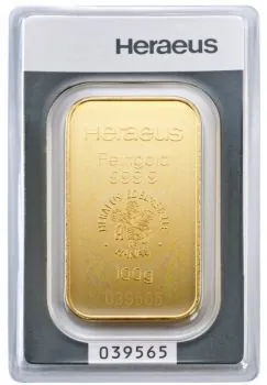 Unser Ankaufspreis für 100 Gramm Goldbarren Heraeus, Umicore, Valcambi und C. HAFNER mit Zertifikat in Blister mit Seriennummer