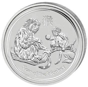 10 Unzen Silbermünze Australien 2016 aus der Lunar Serie II mit dem Motiv eines Affen. Auf der Münzseite sind der Affe, das chinesische Schriftzeichen und die Bezeichnung „YEAR OF THE MONKEY“ zu sehen.