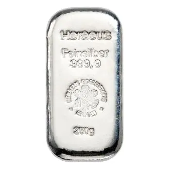 Unser Ankaufspreis für 250 Gramm Silberbarren und Münzbarren in Folie der Hersteller Heraeus und Argor Heraeus Fiji