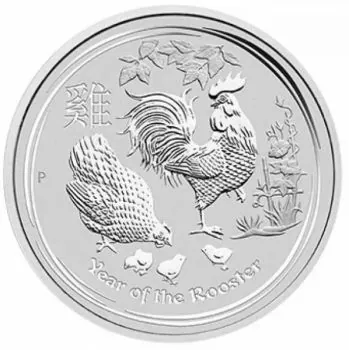 Australische 10 Unzen Silbermünze aus dem Jahr 2017 aus der Lunar Serie II. Die Motivseite zeigt einen Hahn sowie das chinesische Schriftzeichen für Hahn und die Bezeichnung Year of the Rooster. Die Vorderseite zeigt das Porträt von Königin Elizabeth II.