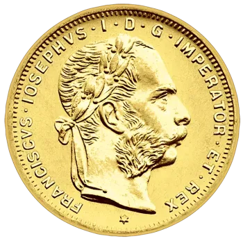 Österreich 8 Florin Goldmünze aus 900er Gold mit Porträt von Kaiser Franz Joseph I., historische Goldanlagemünze als Symbolbild für den Ankauf.