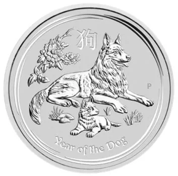 10 Unzen Silbermünze Australien 2018 aus der Lunar Serie II mit dem Motiv eines Hundes. Auf der Münzseite sind der Hund, das chinesische Schriftzeichen und die Bezeichnung „YEAR OF THE DOG“ zu sehen.