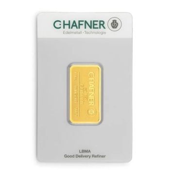 1/4 Unze Goldbarren von C. Hafner im Blister mit Zertifikat und Seriennummer, hergestellt aus 999,9 Feingold, dargestellt als Ankaufprodukt.