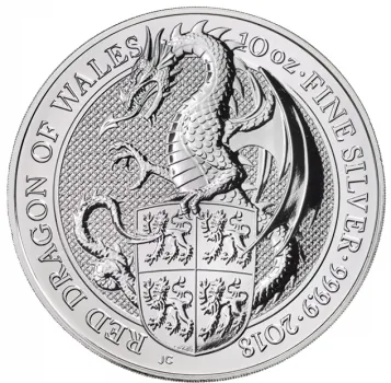 10 Unze Silbermünze Großbritannien 2018 - The Queen's Beasts | Roter Drache von Wales - Red Dragon of Wales *