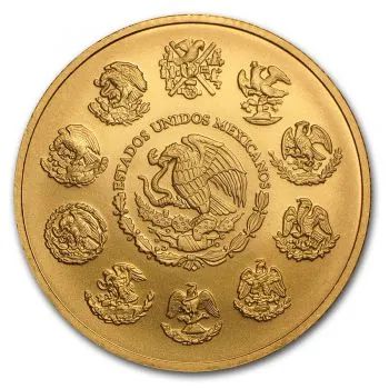 Unze Goldmünze Mexiko Libertad, goldglänzende Bullionmünze mit der Siegesgöttin ‚Winged Victory‘ im Vordergrund und Vulkanlandschaft im Hintergrund; Rückseite mit mexikanischem Staatswappen und Adler-Motiv.