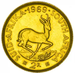 Südafrika 2 Rand Goldmünze, Vorderseite mit Porträt von Jan van Riebeeck, Rückseite mit südafrikanischem Staatswappen; goldfarbene Kurantmünze aus 22-Karat-Gold.