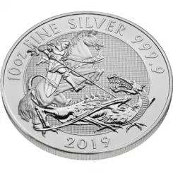 10 Unzen Silbermünze Großbritannien 2019 „The Valiant“ mit dem Motiv von St. George zu Pferd im Kampf mit einem Drachen.