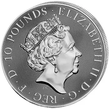10 Unzen Silbermünze Großbritannien 2019 „The Valiant“ mit dem Motiv von St. George zu Pferd im Kampf mit einem Drachen.