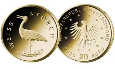 20 Euro Gold Gedenkmünze 2020 | Serie: Heimische Vögel - Motiv: Weißstorch