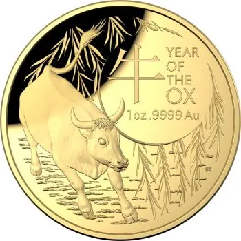 1 Unze Goldmünze Australien 2021 gewölbt in Polierte Platte - Lunar Serie - Motiv: OCHSE | RAM Ausgabe