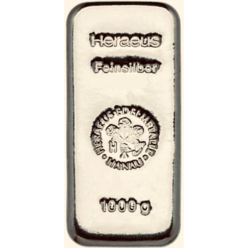 1000 Gramm / 1 Kilo Silberbarren Heraeus – gegossen mit Patina, lose, LBMA-zertifiziert *