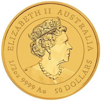 1/2 Unze Goldmünze Australien 2021 Lunar Serie 3 mit Motiv Ochse aus 999,9 Feingold, Wertseite mit Porträt von Königin Elizabeth II.