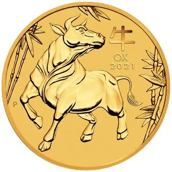 1/2 Unze Goldmünze Australien 2021 Lunar Serie 3 mit Motiv Ochse aus 999,9 Feingold, Wertseite mit Porträt von Königin Elizabeth II.
