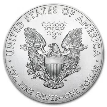 1 Unze Silbermünze USA – American Eagle Type 1, Vorderseite mit Lady Liberty, Rückseite mit fliegendem Adler auf Olivenzweig, geprägt aus 999er Feinsilber.