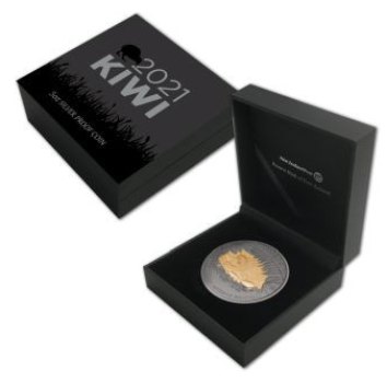 5 Unze Silbermünze Neuseeland 2021 - Kiwi vergoldet in Polierte Platte