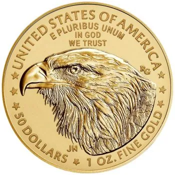 1 Unze Goldmünze USA 2021 American Eagle Type 2 aus 916,67 Gold mit Lady Liberty auf der Vorderseite und dem neuen Weißkopfseeadler der Type-2-Serie auf der Rückseite.