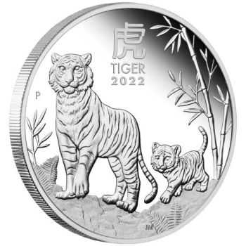 1 Unze Silbermünze Australien 2022 in Polierte Platte - Lunar Serie 3 - Motiv: TIGER