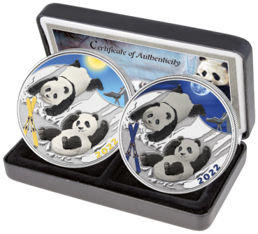 2 x 30 Gramm Silbermünzen China 2022 - Panda SET Night & Day in Farbe inkl. Münzetui und Zertifikat