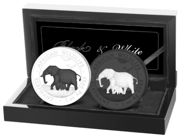 2 x 1 Unze Silbermünzen SET Somalia 2022 - Elefant mit Ruthenium veredelt | Black & White Edition | 6. Ausgabe | Nur 500 Exemplare