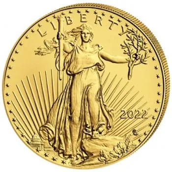 1 Unze Goldmünze USA 2022 American Eagle aus 916,67 Gold mit Lady Liberty auf der Vorderseite und dem modernen Type-2-Weißkopfseeadler auf der Rückseite.