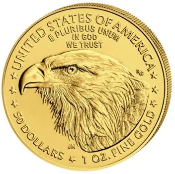1 Unze Goldmünze USA 2022 American Eagle aus 916,67 Gold mit Lady Liberty auf der Vorderseite und dem modernen Type-2-Weißkopfseeadler auf der Rückseite.