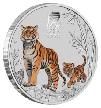 1 Unze Silbermünze Australien 2022 in Farbe - Lunar Serie 3 - Motiv: TIGER