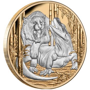 5 Unze Silbermünze Niue 2022 mit Gold veredelt in Polierte Platte | Serie: Apex Predators - Motiv: Komodo vs Tiger ( Komodo Dragon vs Tiger )