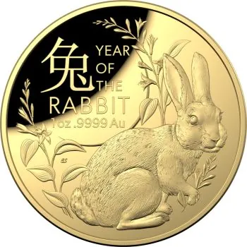 1 Unze Goldmünze Australien 2023 gewölbt in Polierte Platte - Lunar Serie - Motiv: HASE | RAM Ausgabe