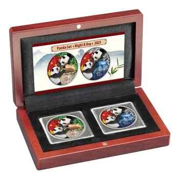 2 x 30 Gramm Silbermünzen China 2023 - Panda SET Night & Day in Farbe inkl. Münzetui und Zertifikat | Variante 1