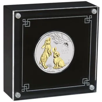 1 Unze Silbermünze Australien 2023 vergoldet im Münzetui - Lunar Serie 3 - Motiv: HASE