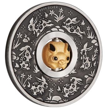 1 Unze Silbermünze Tuvalu 2023 Rotating Charm in Antique Finish | Lunar Serie - Motiv: YEAR OF THE RABBIT