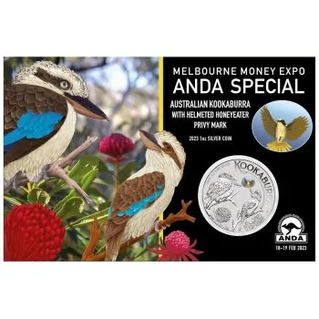 1 Unze Silbermünze Australien 2023 - Kookaburra | Melbourne Money Expo ANDA Special - Helmeted Honeyeater Privy Mark