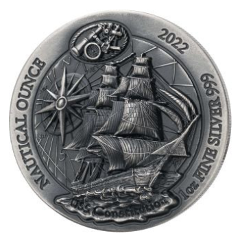 1 Unze Silbermünze Ruanda 2022 Ultra High Relief in Antik Finish | Nautische Unze - Motiv: USS Constitution