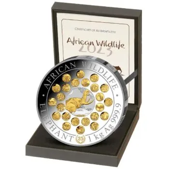 1 Kilo Silbermünze Somalia 2023 vergoldet in Polierte Platte | Motiv: 25 Jahre Somalia Eelefant Sonderausgabe