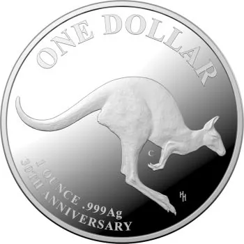 1 Unze Silbermünze Australien 2023 - Känguru in Polierte Platte | RAM Ausgabe | Motiv: 30 Jahre Känguru - Mob of Thirty