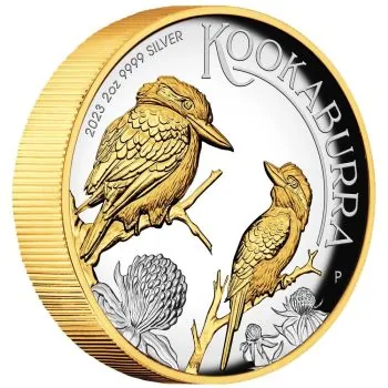 2 Unze Silbermünze Australien 2023 - Kookaburra vergoldet in HIGH RELIEF und Polierte Platte