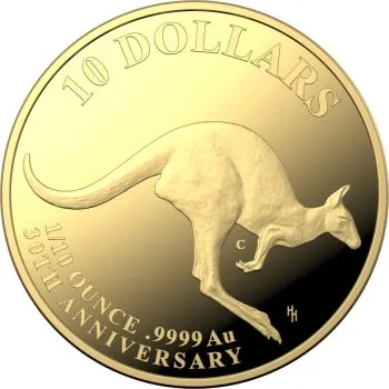 1/10 Unze Goldmünze Australien 2023 - Känguru in Polierte Platte | RAM Ausgabe | Motiv: 30 Jahre Känguru - Mob of Thirty