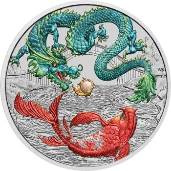 1 Unze Silbermünze Australien 2023 in Farbe | Serie: Chinese Myths and Legends - Motiv: Green Dragon & Koi