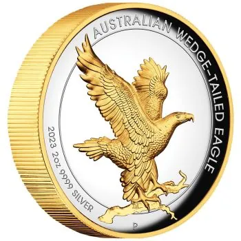 2 Unze Silbermünze Australien 2023 - Keilschwanzadler (Wedge-Tailed Eagle) vergoldet in HIGH RELIEF und Polierte Platte